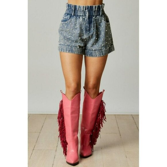 Pearly Girly Era Pearl Paperbag Shorts in Denim - Picture 4 of 7